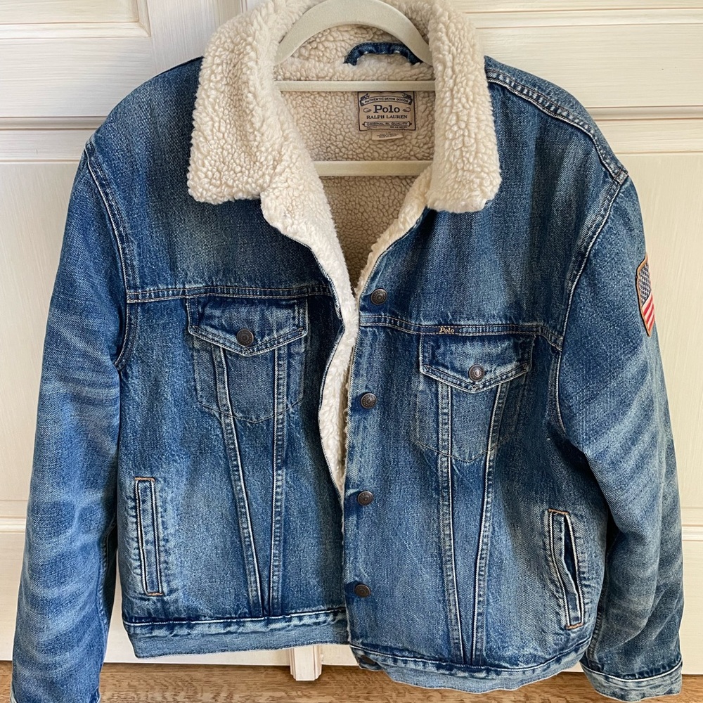 Polo Ralph Lauren Fleece-Lined Denim Trucker Jacket with USA flag on sleeve